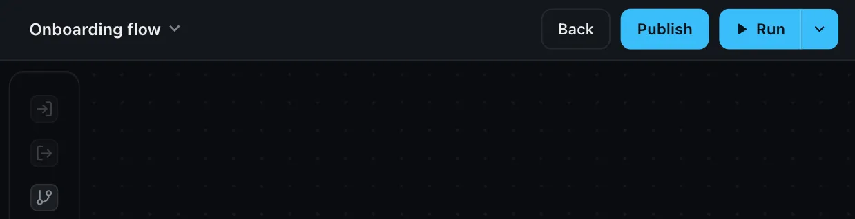 The editor header showing the title 'Onboarding flow' on the left and Back, Publish, and Run buttons on the right.