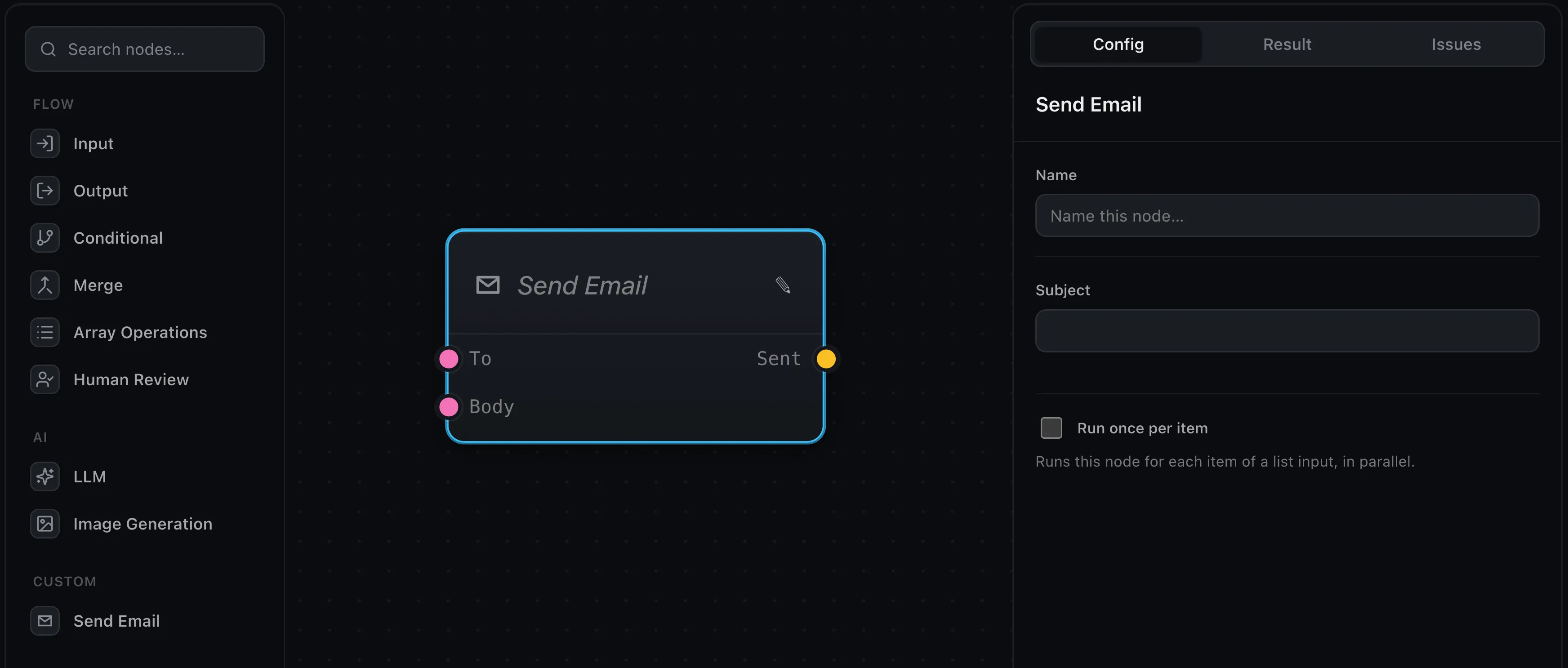 The editor palette with a custom Send Email node under a Custom category, and the node placed on the canvas with its ports.