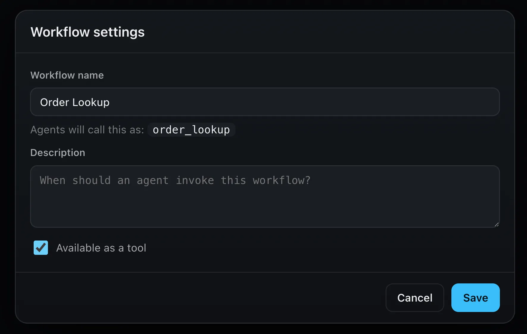 A workflow settings panel with an 'Expose as tool' toggle switched on.