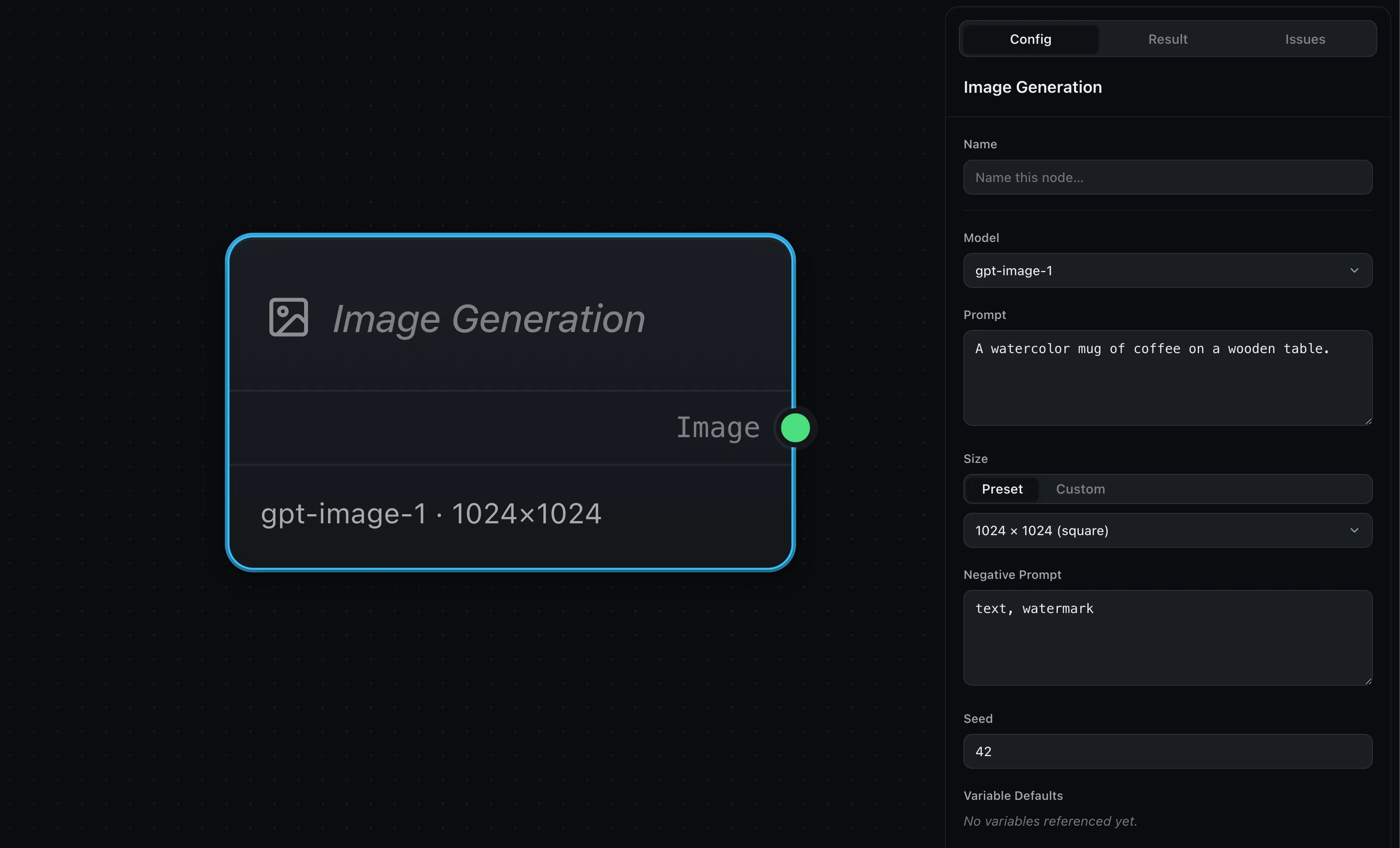 An Image Generation node with a single Image output port, beside a config panel showing the prompt, size, negative prompt, and seed fields.