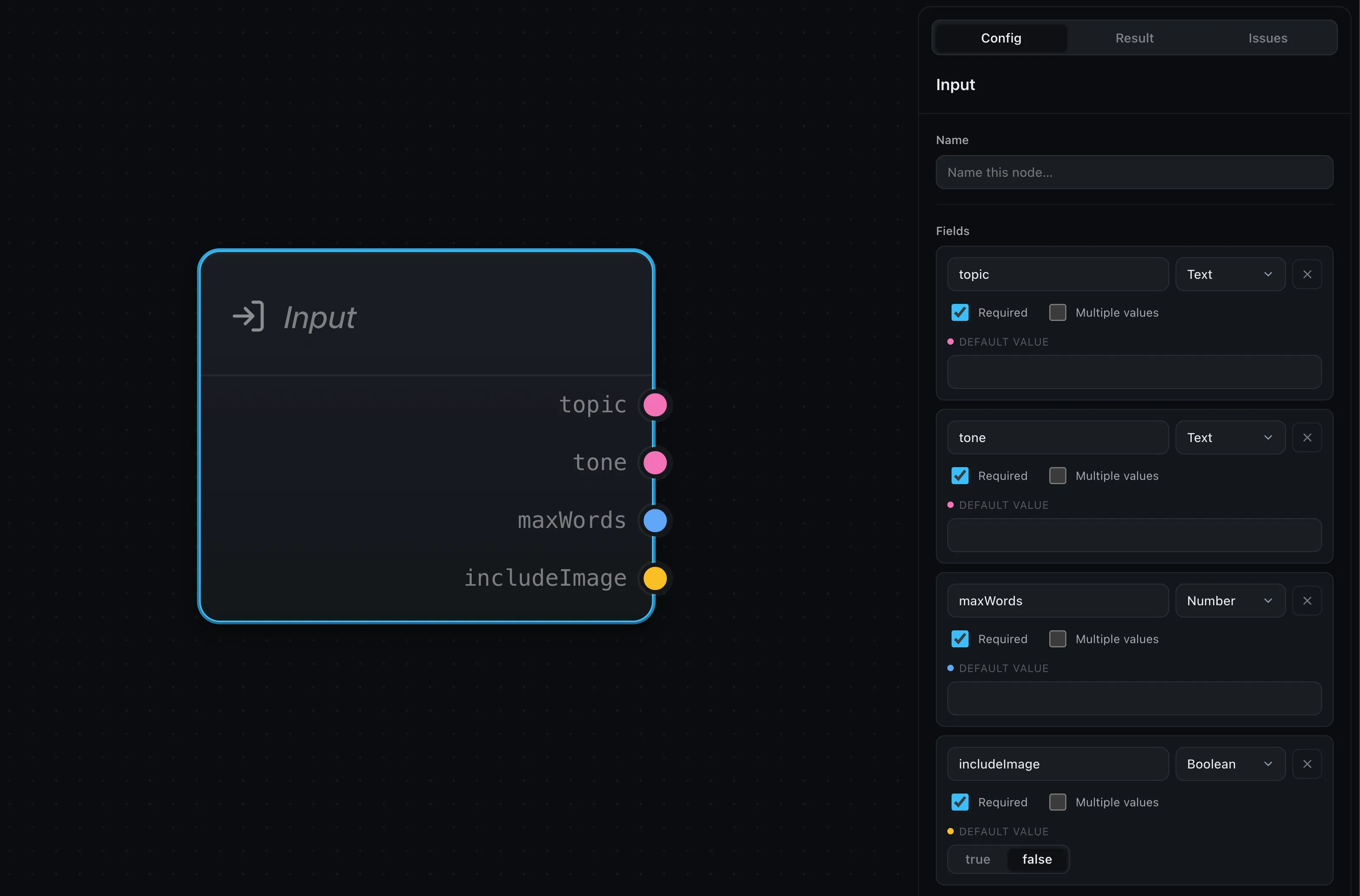 An Input node's config panel listing fields, with a matching colour-coded output port for each.