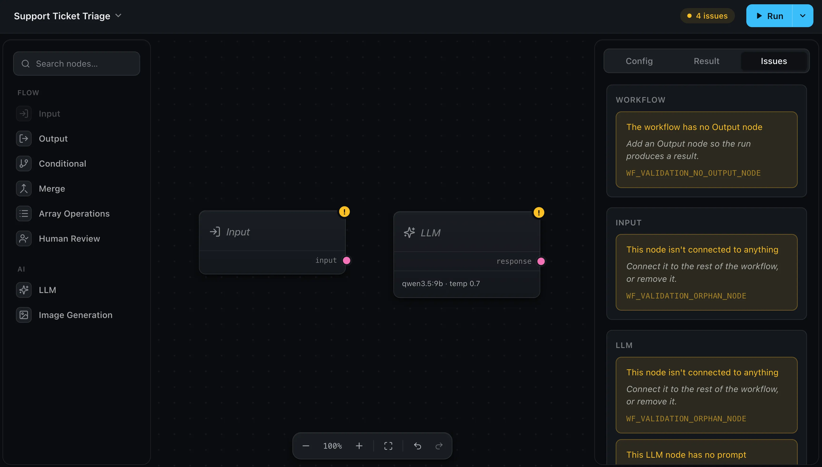 The editor's Issues tab showing a list of validation warnings, each with a short message and a suggested fix.