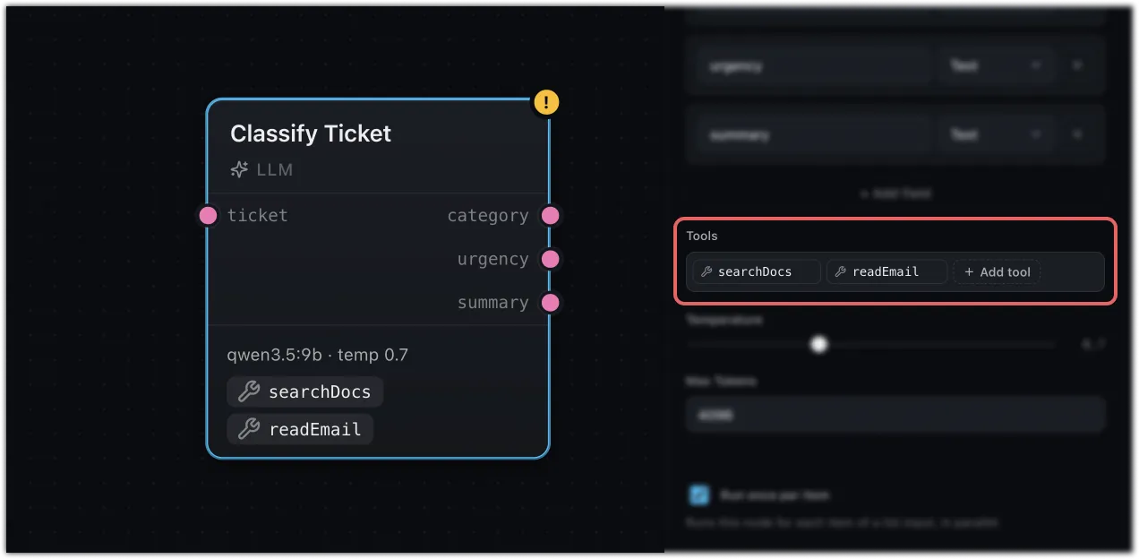 The LLM node's Tools field in the config panel, with a couple of tools selected.
