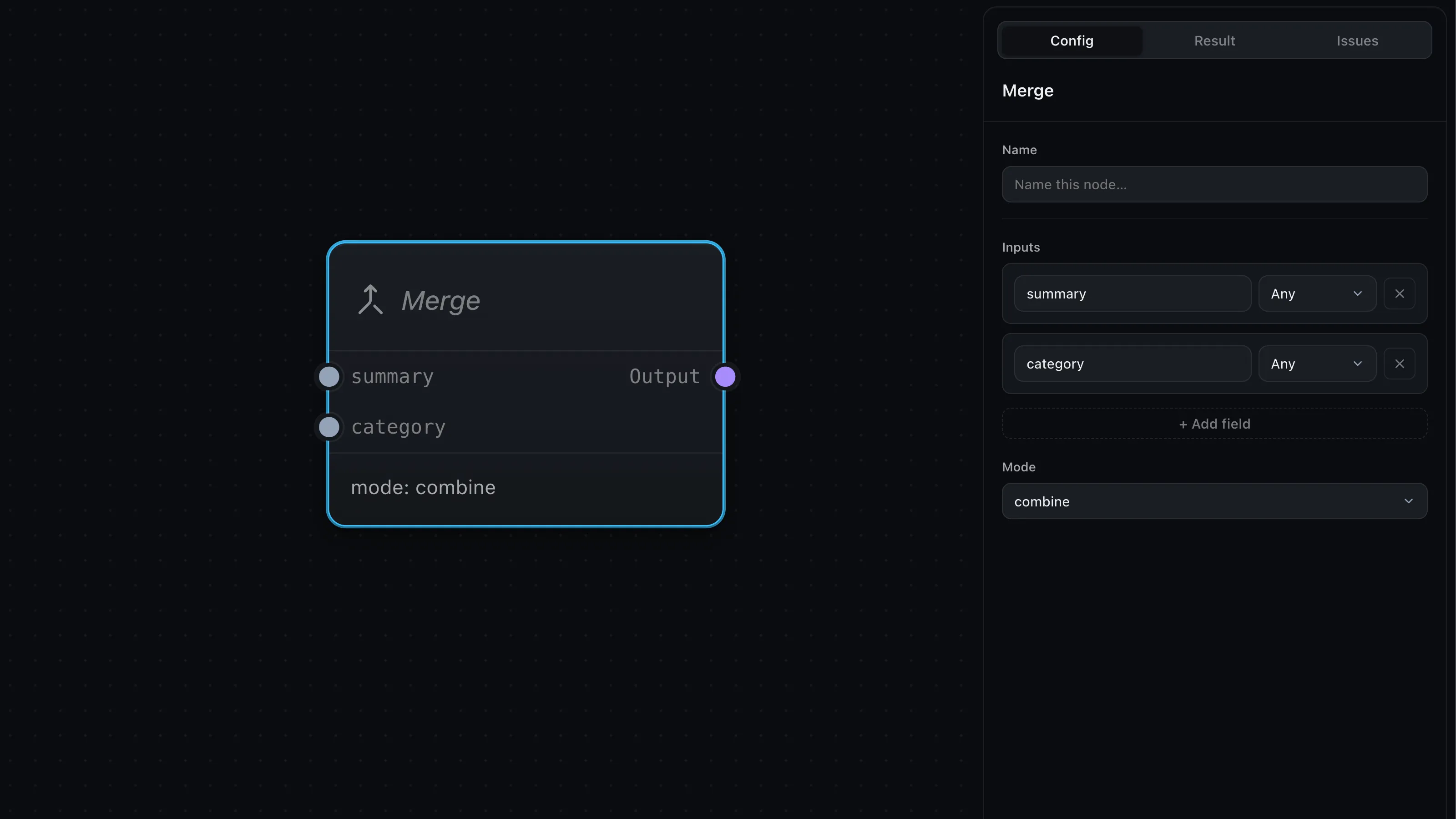 A Merge node with two input ports and a single Output port, beside a config panel showing the Inputs list and a Mode dropdown.