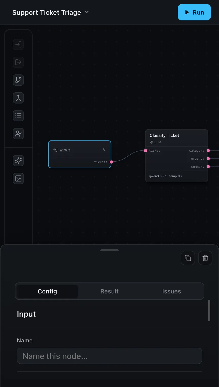 The editor on a phone with a node selected, showing a bottom sheet drawer at roughly a third of the height with Config and Result tabs and the canvas visible above.