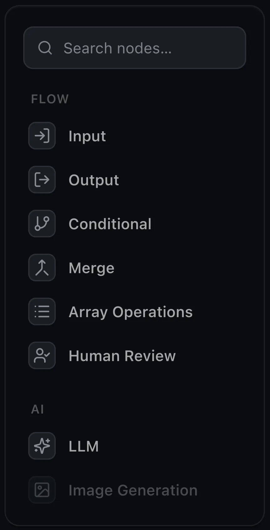 The editor's node palette listing the built-in nodes under Flow and AI categories.