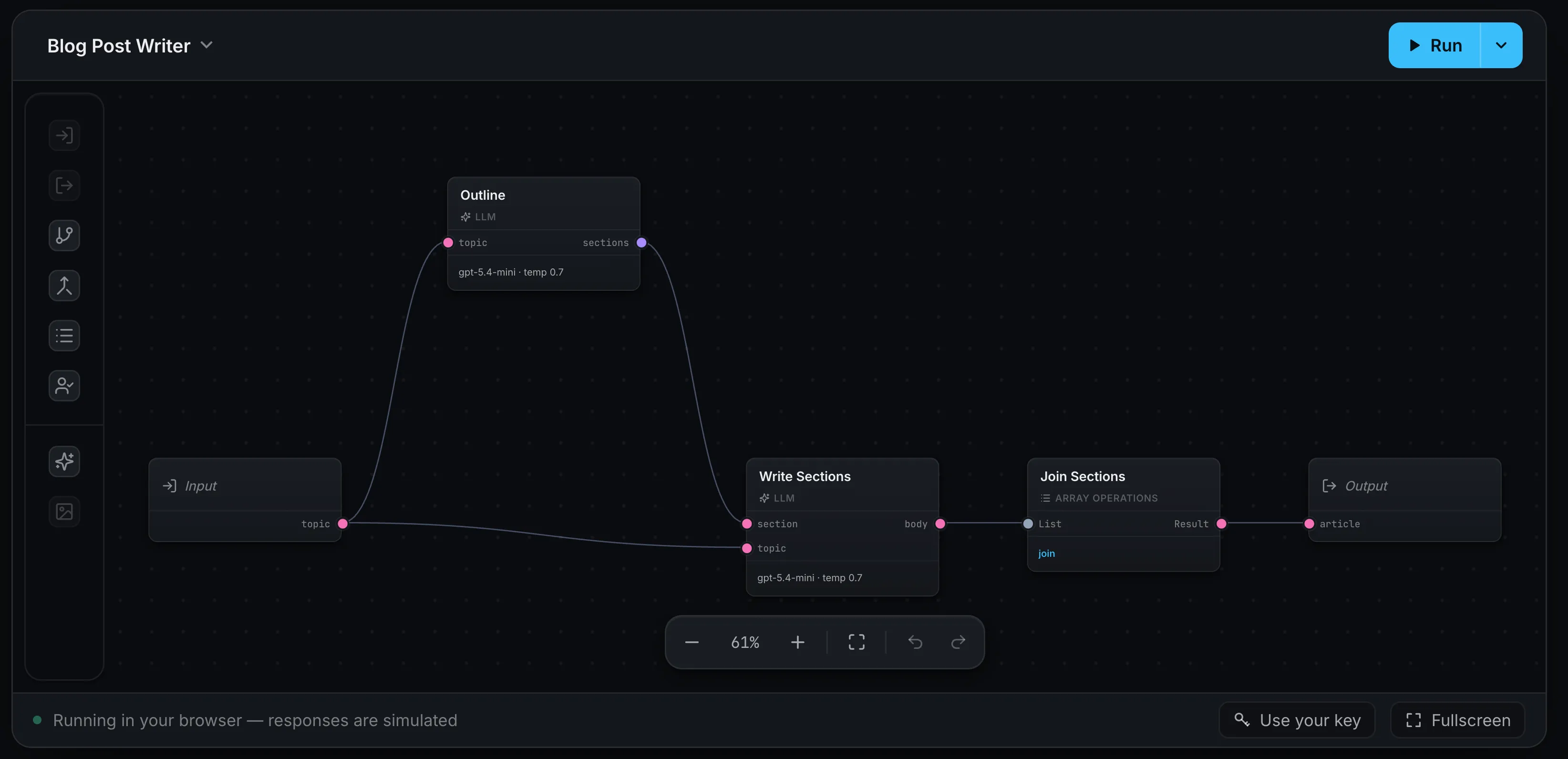The editor in preview mode embedded in a page, showing a compact header with zoom and a Run button and no node palette or floating toolbar.