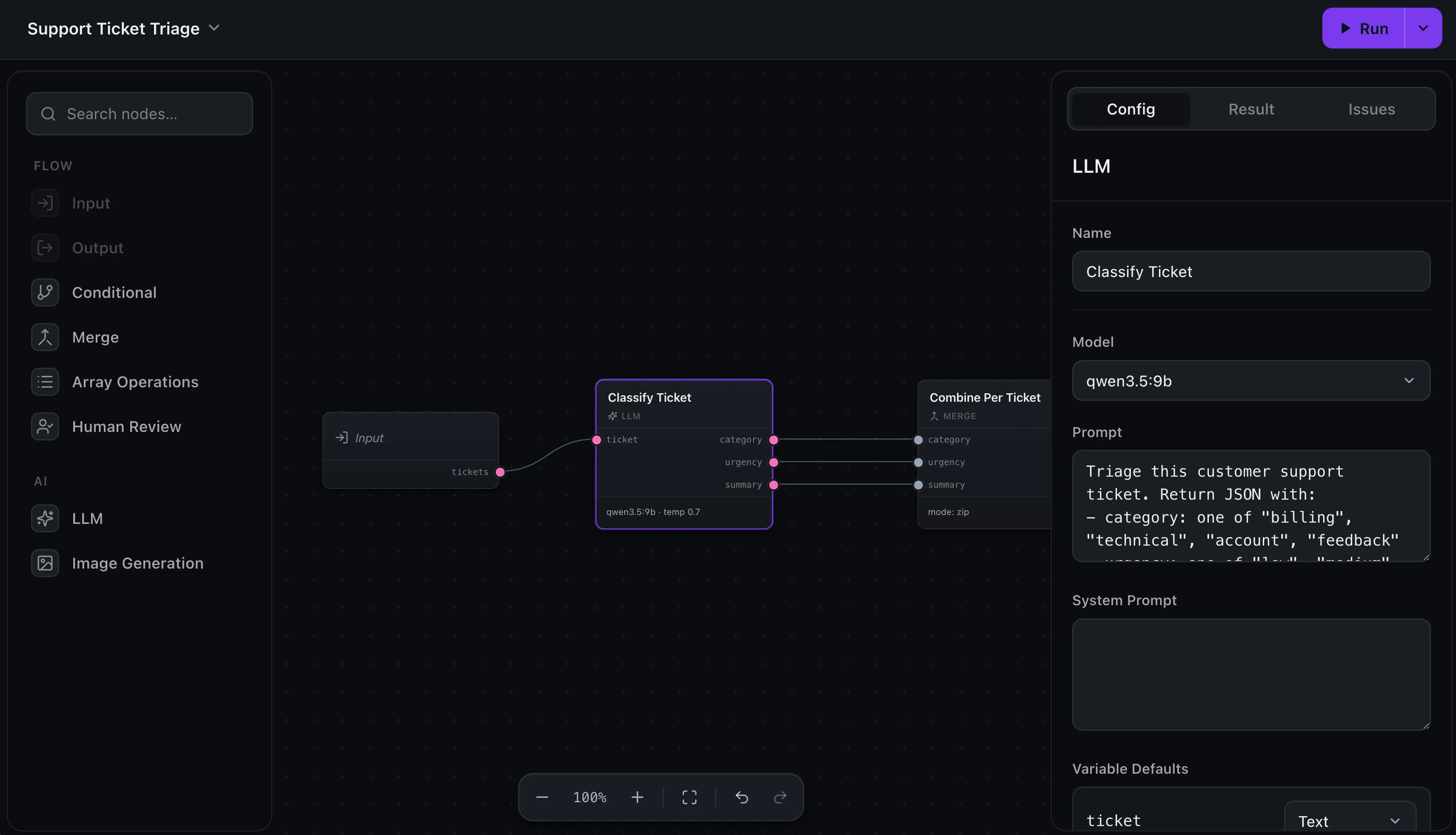 The workflow editor with its default blue accent replaced by a purple one across the Run button, a selected node, and a focused input with a purple focus ring.