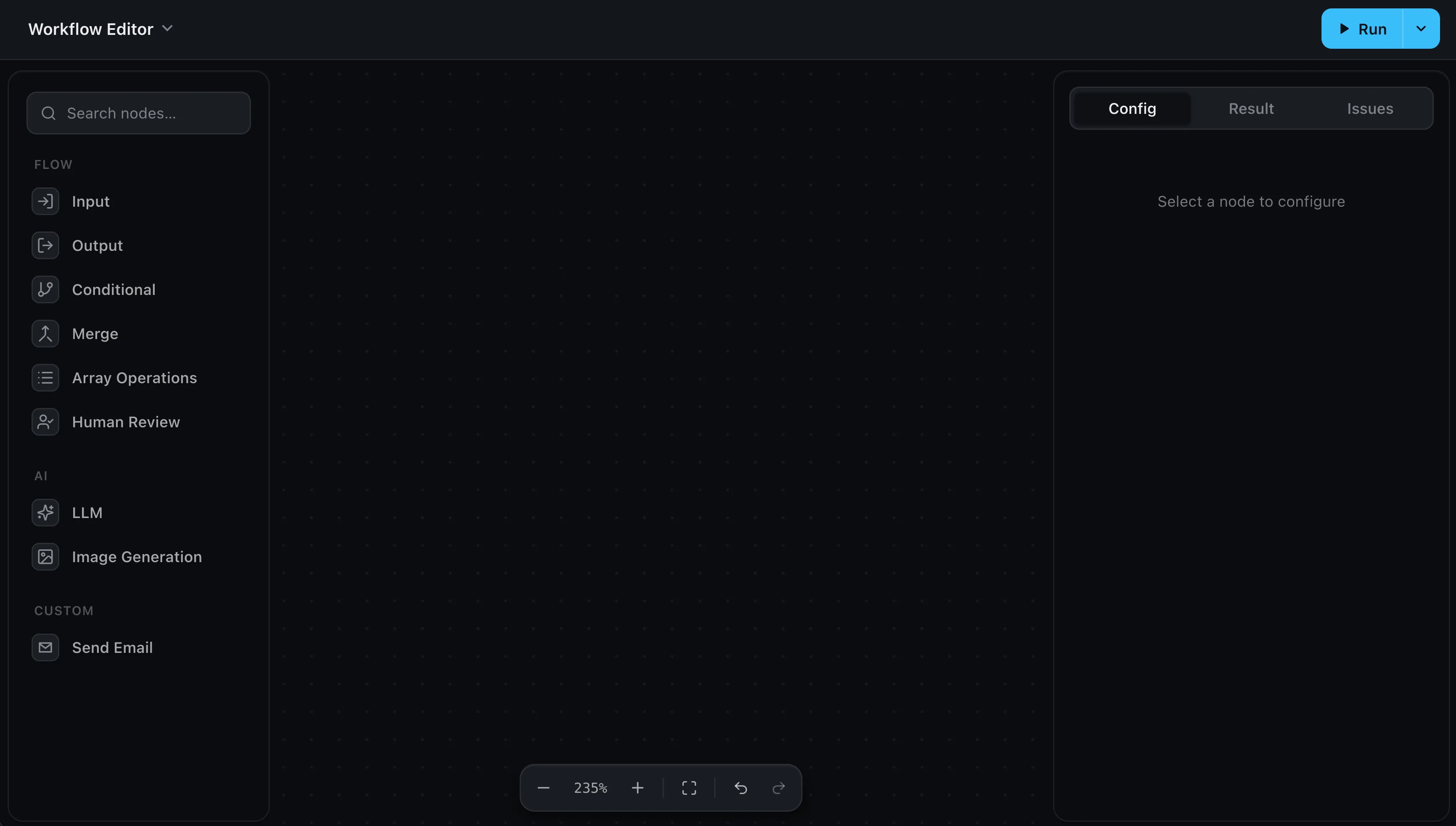 The Wayflow editor mounted in a page, showing an empty canvas with the node palette and run controls.