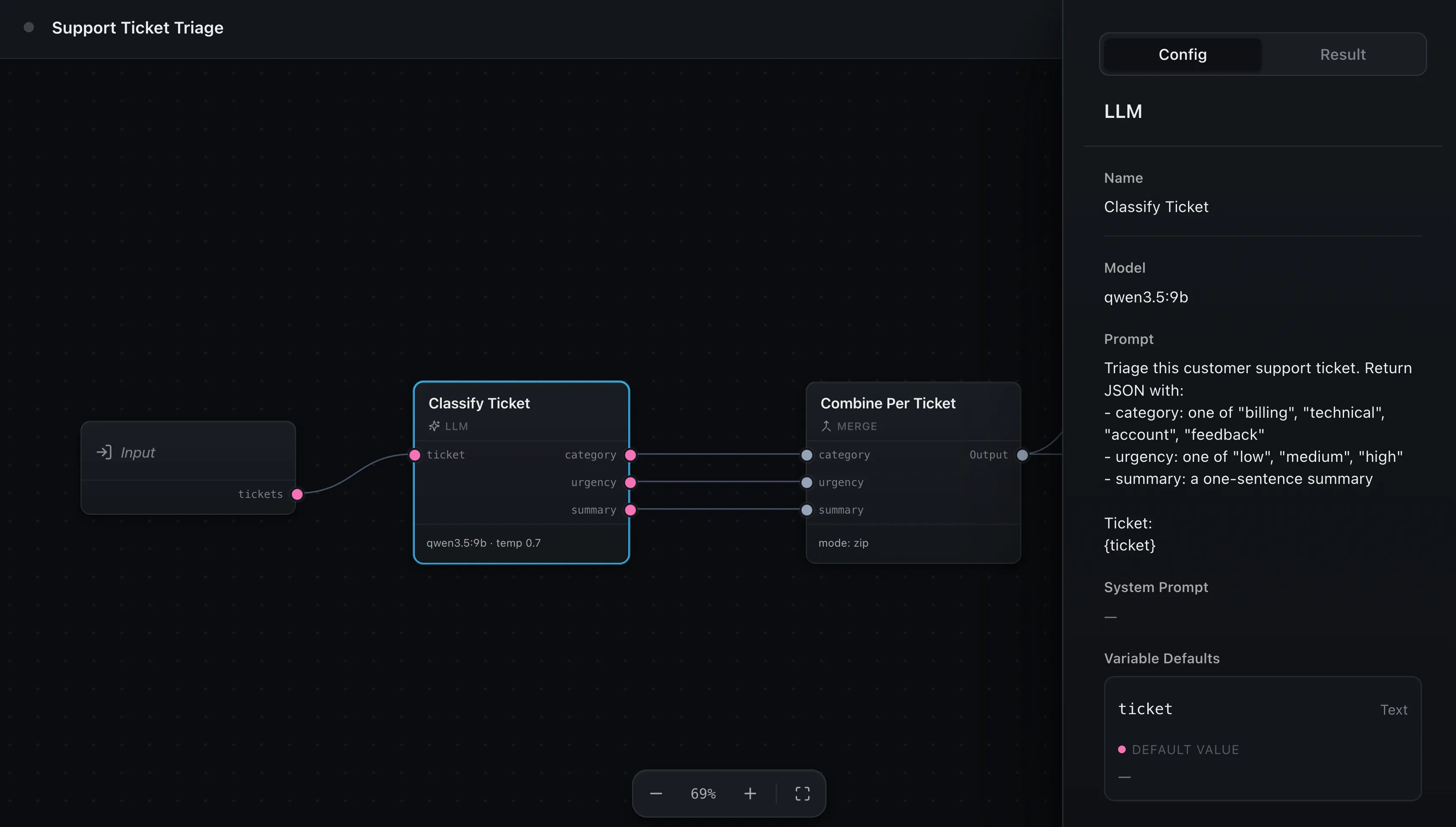 The editor in read-only mode, with no node palette and a config panel showing field values as read-only text rather than editable inputs.