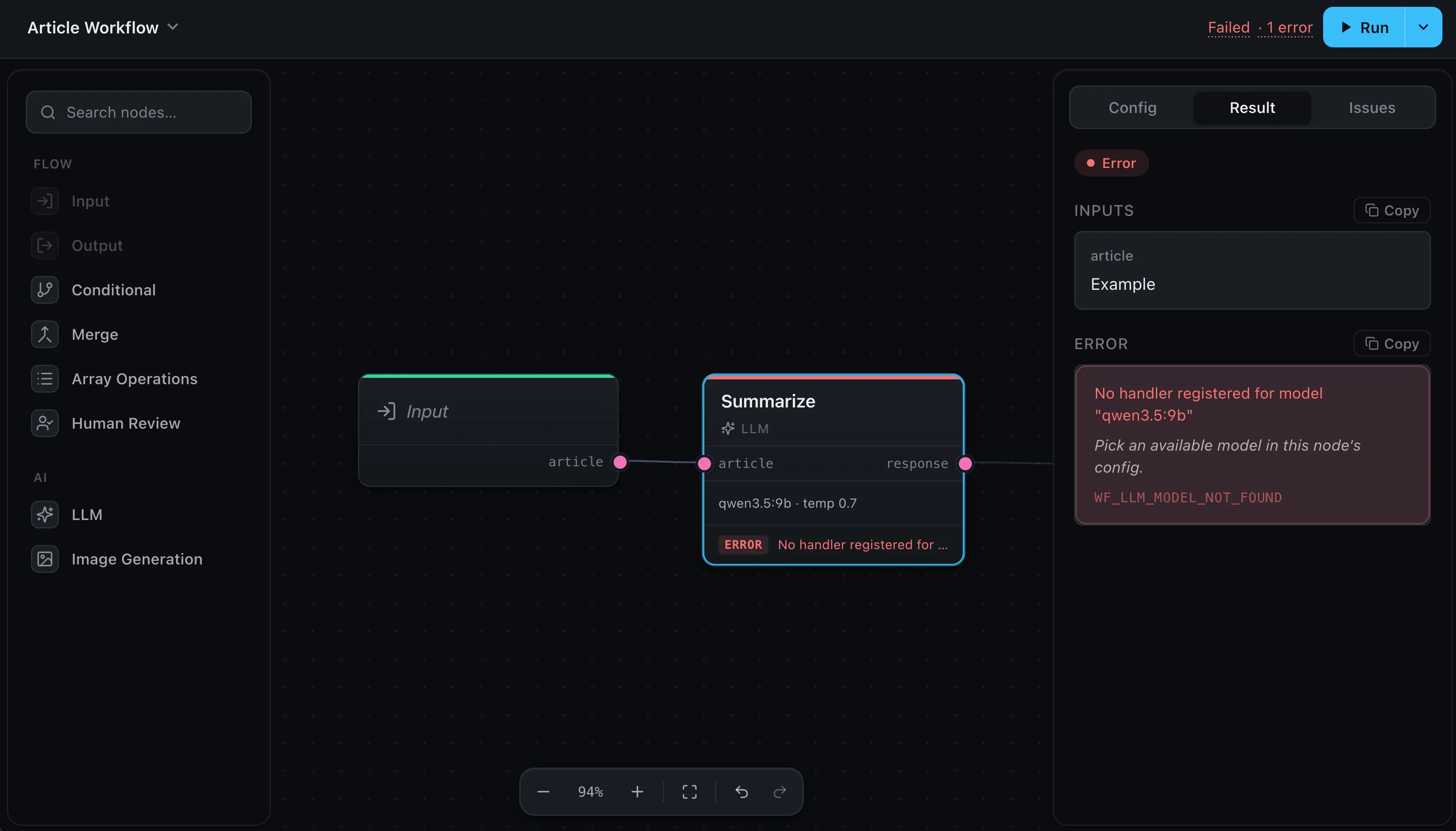A running workflow with nodes in different states — one done, one running, one red with an error — and a failure summary in the header.